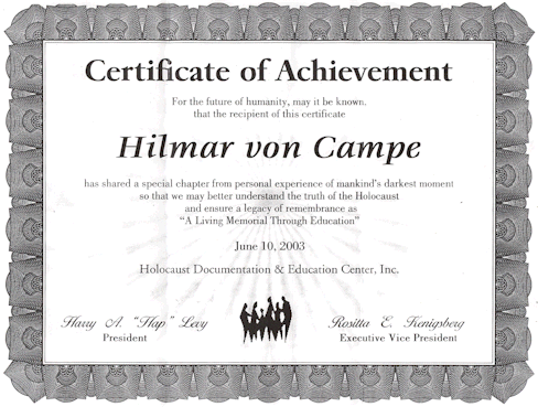 Certificate of Achievement for Hilmar von Campe, noteworthy intellectual, speaker, and author.